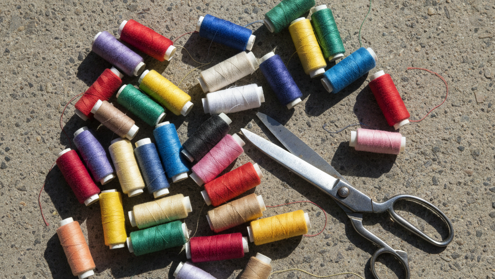 sewing thread and scissors on conrecte ground